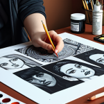 ** Digital artist experimenting with various illustration techniques, surrounded by art supplies.

**