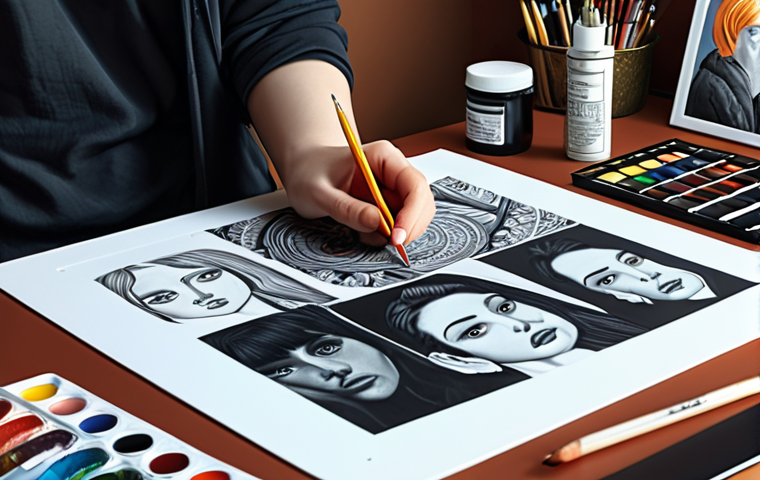 ** Digital artist experimenting with various illustration techniques, surrounded by art supplies.
**